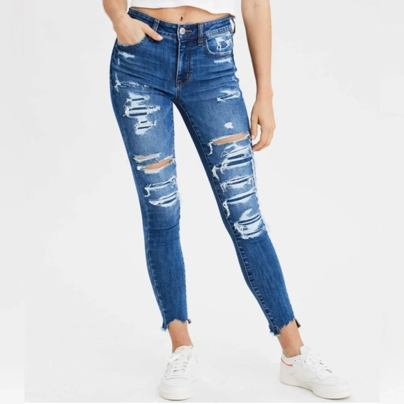 AMERICAN Eagle Dark Wash Jegging Crop Skinny Distressed  Ripped Jeans Size 0 - Picture 1 of 10